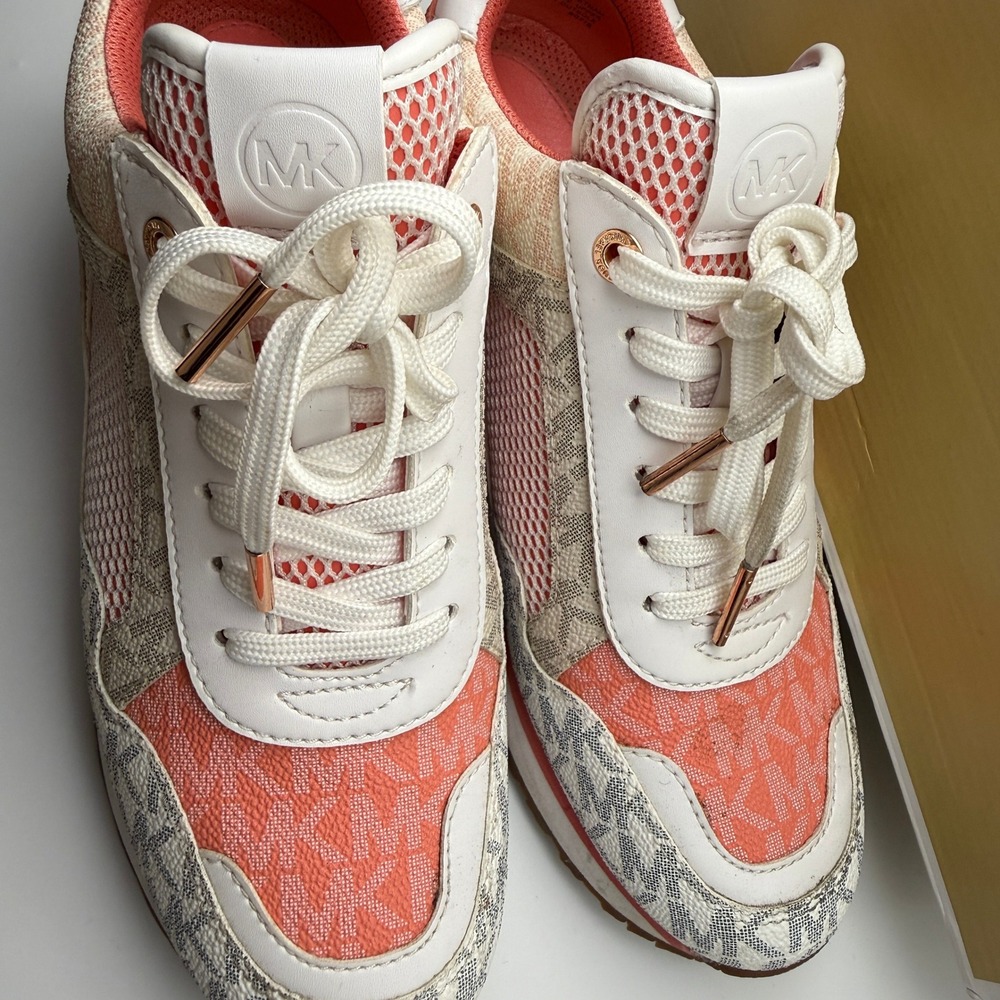 Michael Kors Womens Low Top Sneakers Coral White Logo Mesh Trainers Rose Gold - Picture 6 of 11